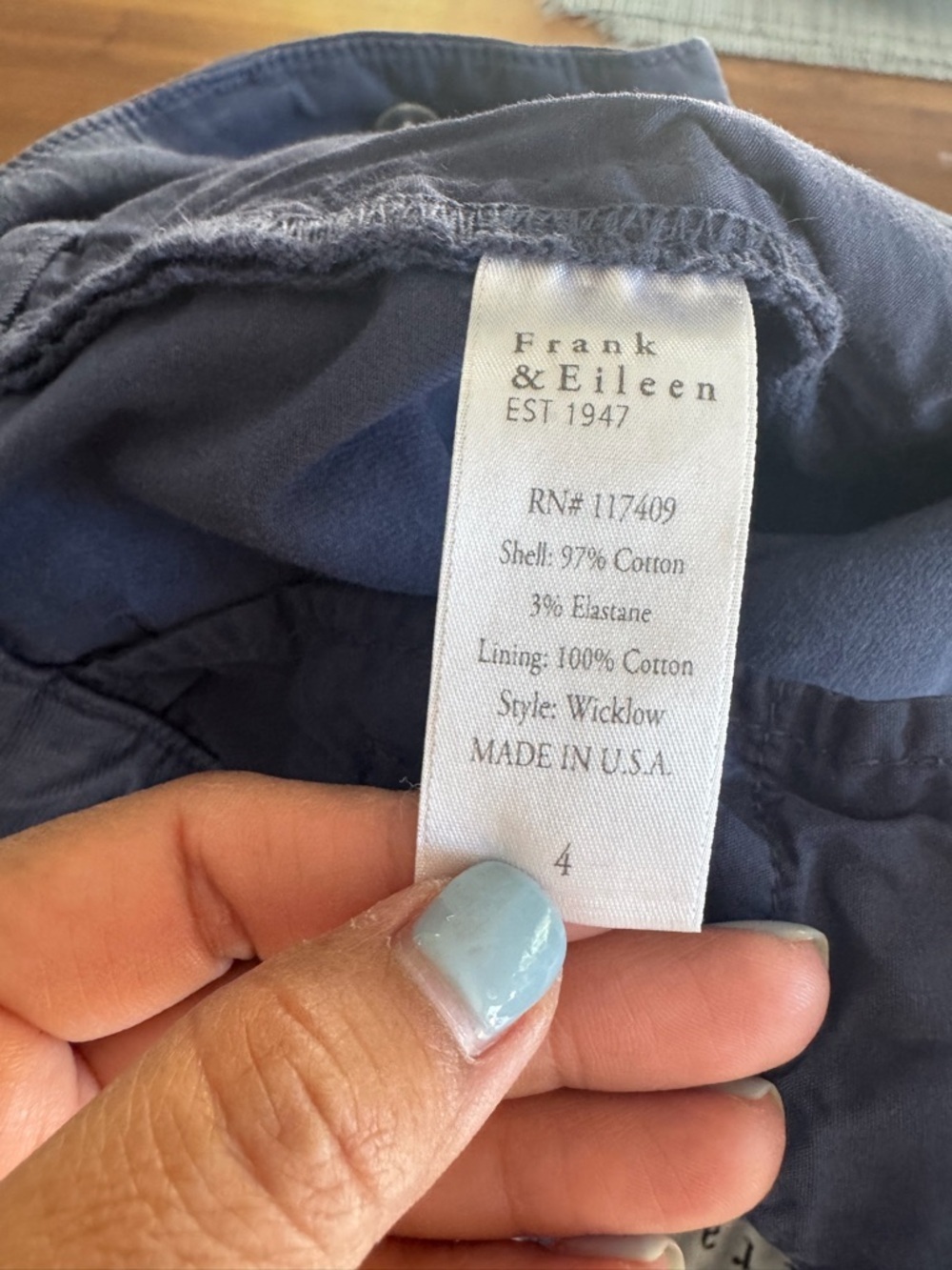Frank & Eileen Navy Blend Straight Leg Pants 97% Cotton Classic Minimalist Sz 4 - Picture 9 of 9